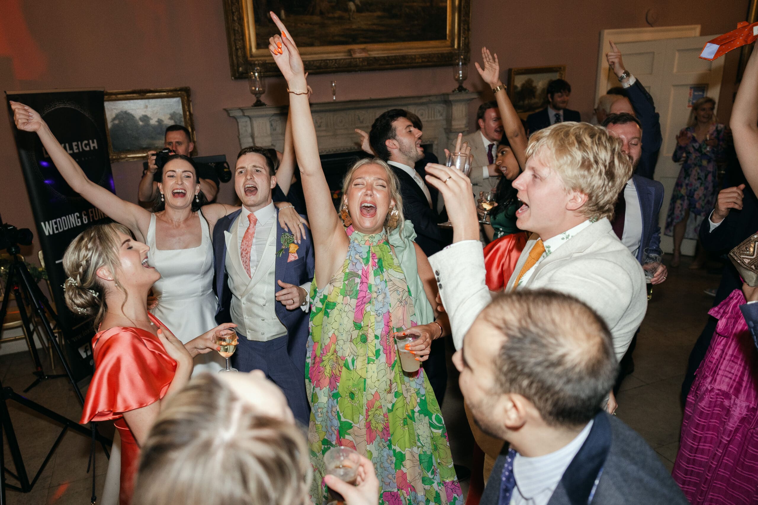 Candid dancefloor moment during wedding celebrations at Staunton Harold Hall