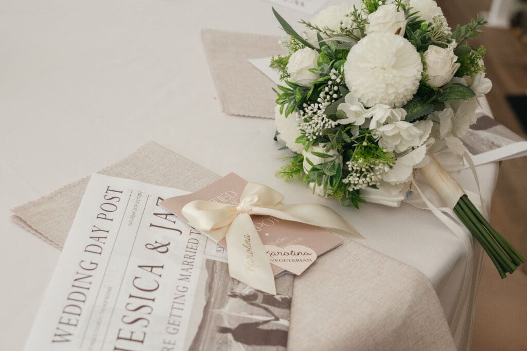 Close-up of personalised wedding decorations inside The Hop Rooms venue