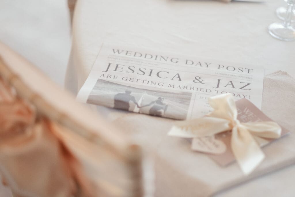 Close-up of personalised wedding decorations inside The Hop Rooms venue